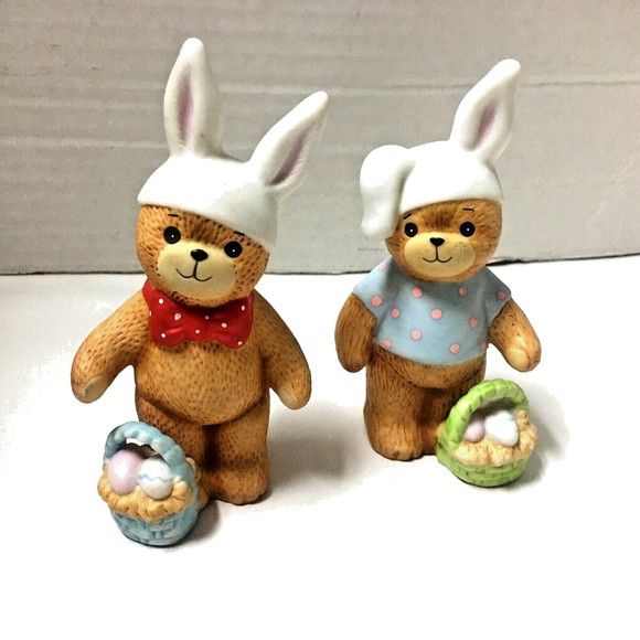 Lot of 2 Vintage 1980 ENESCOs Lucy & Me Bears dressed as the Easter Bunny Rabbit - Picture 1 of 4